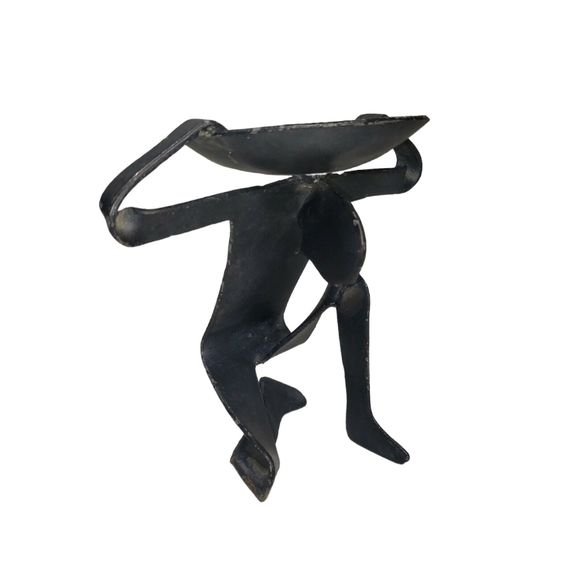 Metal Atlas Sculpture Candle Holder Stand 7" Man Carrying World On Back - Picture 1 of 9